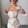 Damen Herbst und Winter neues elegantes romantisches Netzblumenmuster Falten dekoratives langärmeliges mittellanges Kleid
