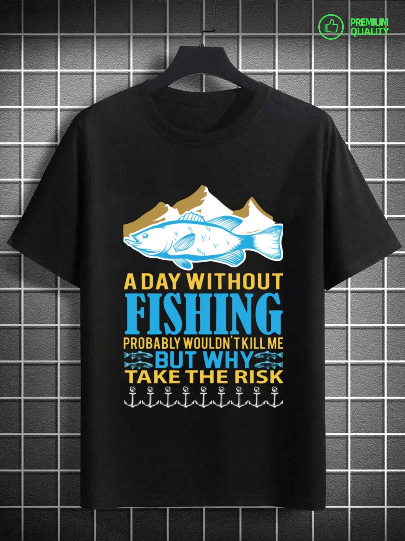 Men s T-Shirt Y2K Heavyweight 100 Cotton Fishing Black 4XL