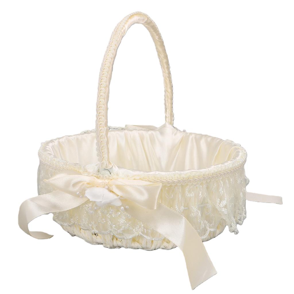 Wedding Flower Basket Elegant Lace Trim Flower Basket with Bow Decoration for Celebration Prop