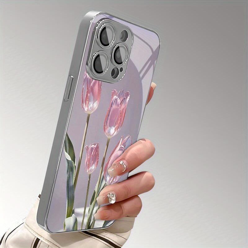 Pink Glass Tulip Pattern Tempered Glass Electroplated Silver Phone Case For Samsung Galaxy S25 S24 S23 Ultra Plus FE Cover