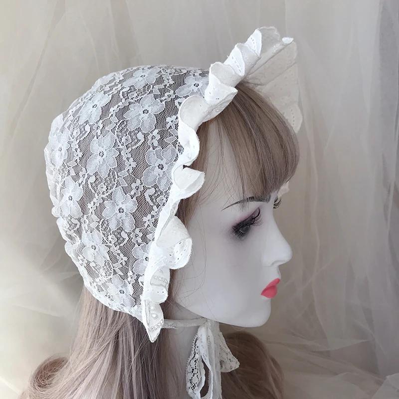 Lolita Cap Maid Cosplay Vintage Lace Bonnet Ruffled Hat Women Girls Pumpkin Cap Lace-up Adjustable Hat