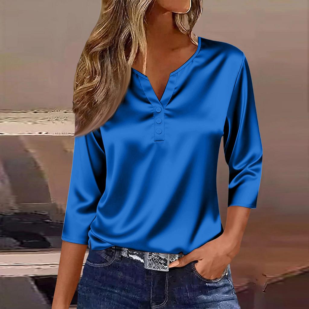 Women's Collar Three-Quarter Sleeve Satin Shirt Top, Lightweight Spring/Summer Top