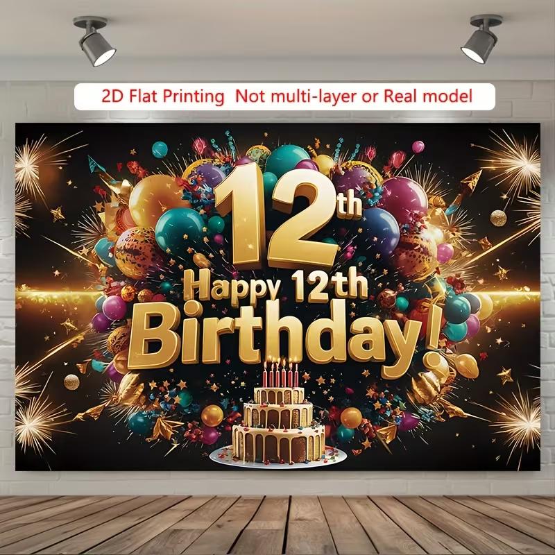 2D Happy 12th Birthday Photography Backdrop with Gold Glitter, Balloons and Fireworks Decor