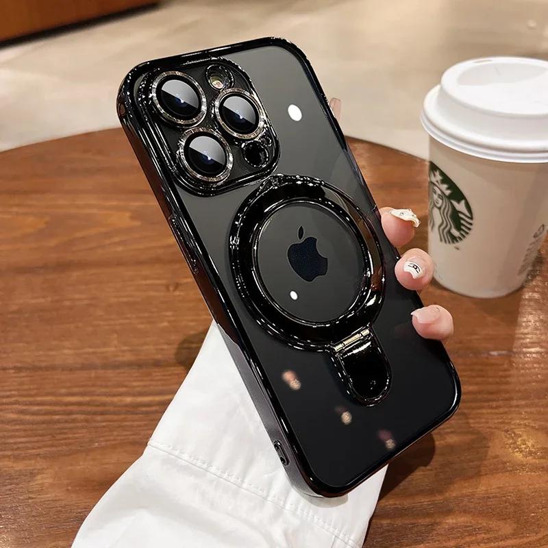 Transparent Plating For Magsefa Case For iPhone 16 15 14 13 12 11 Pro Max 14 15 16 Plus Wireless Charging Ring Stand Phone Cover