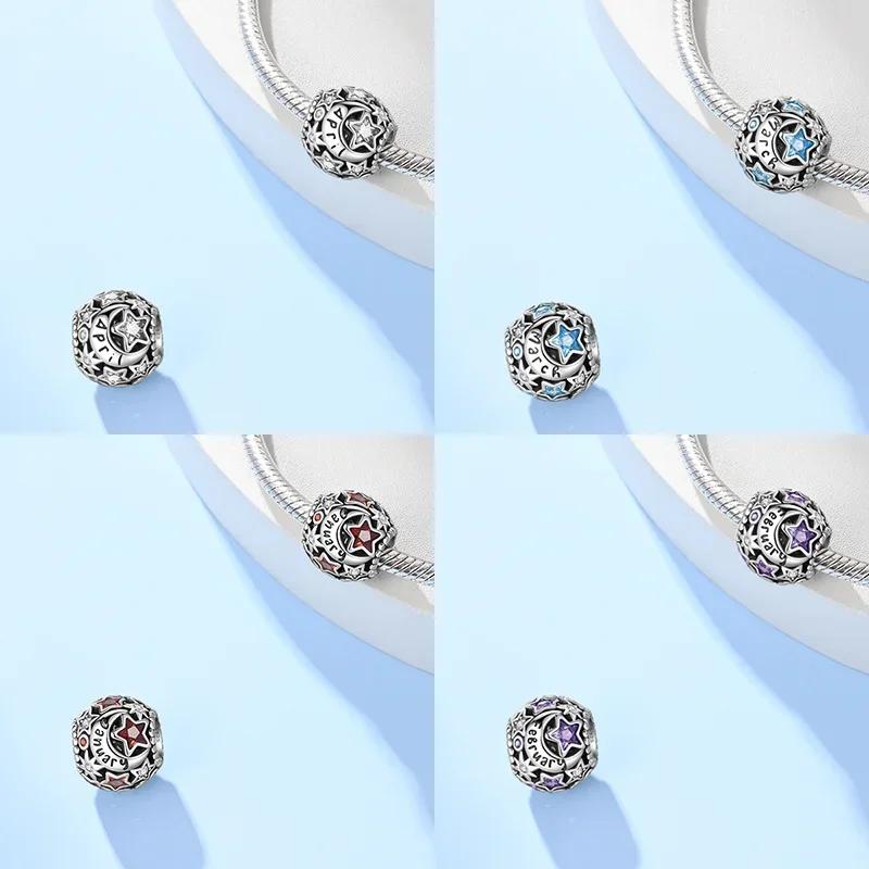 Copper Blue Stars Moon Zircon Round Twelvemonth Charm Bead Fits Bracelets Women Genuine Jewellery DoItYourself Beautiful Gifts Accessories