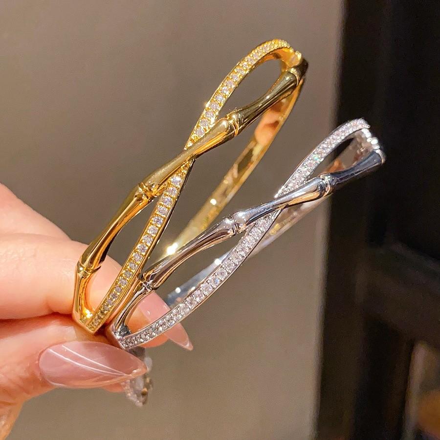 Elegant Silver Copper Zircon Embellished Bamboo Element Bracelet For Ladies