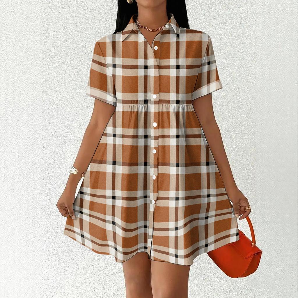 Women’s Casual Loose Fit Shirt Dress Button Front Stand Collar Plaid Pattern Short Sleeve Relaxed Tunic Dress for Daily Wear