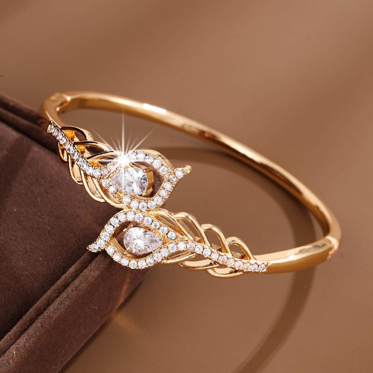 

Модный креативный дизайн с перьями, инкрустированный цирконом, усовершенствованный легкий, роскошный, темпераментный, универсальный браслет с отверстием золотой