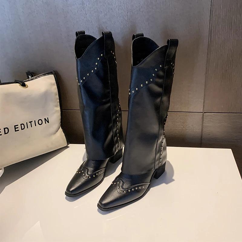 New Winter Woman Thigh High Boots Fashion Zippers Long Knight Booties Ladies Thick Solec Thick Heels Pointed Toe Mid-Calf Botas