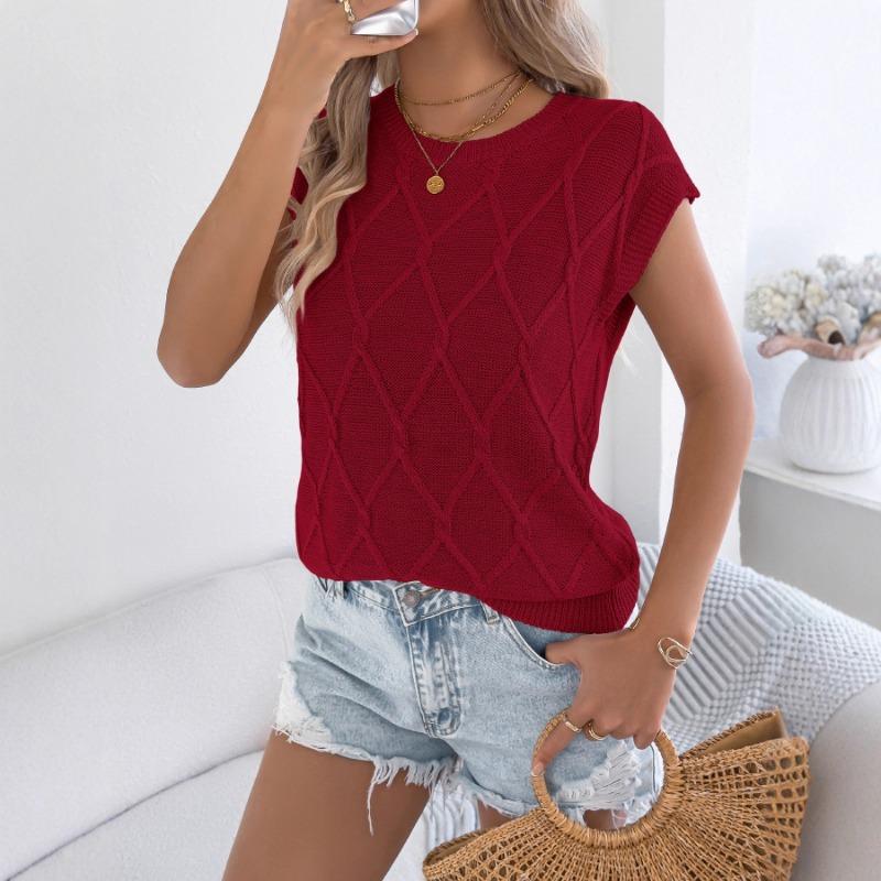 Summer solid color twist bat sleeve casual loose sweater diamond plaid sleeveless top