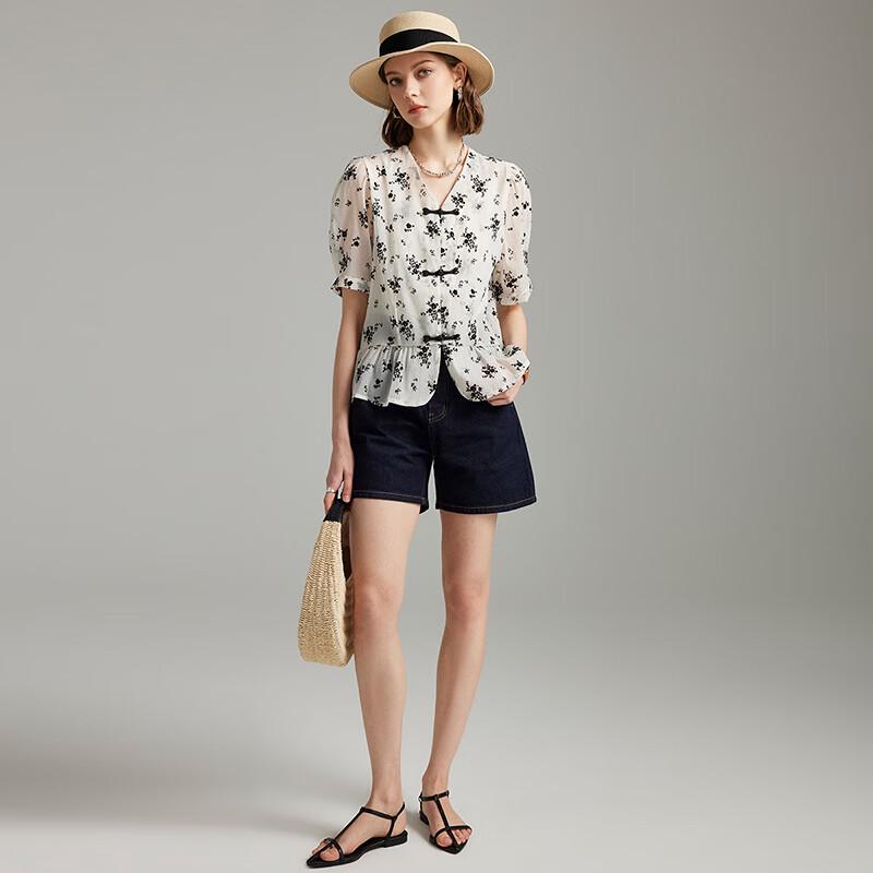 Neue chinesische Chiffon-Bluse mit kurzen Ärmeln