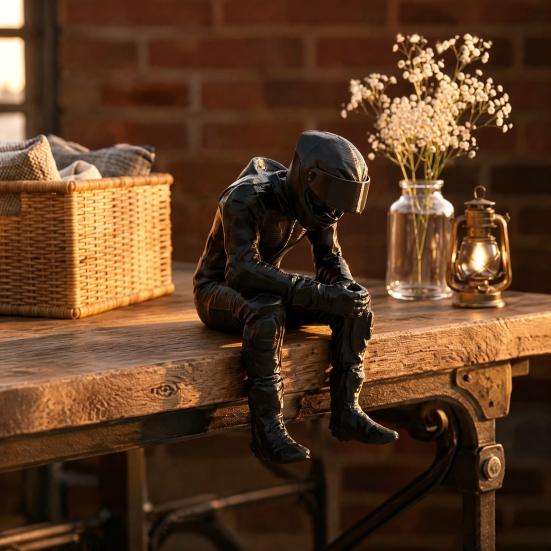 Home Office Decoration 3D Printed Motorcycle Rider Figurine, Thinking Statue Shelf Car Dashboard Accessory Sitter for Decoration, Enthusiasts