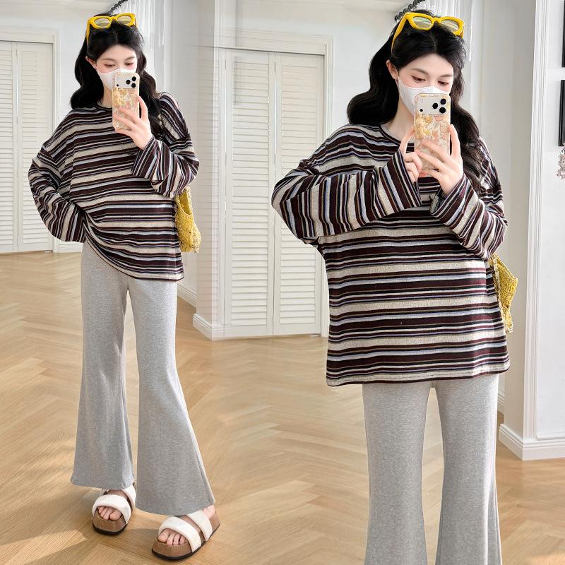 

Spring & Autumn Maternity Set: Loose Striped Top + Flare Pants, Korean Style, Two-Piece Medium
