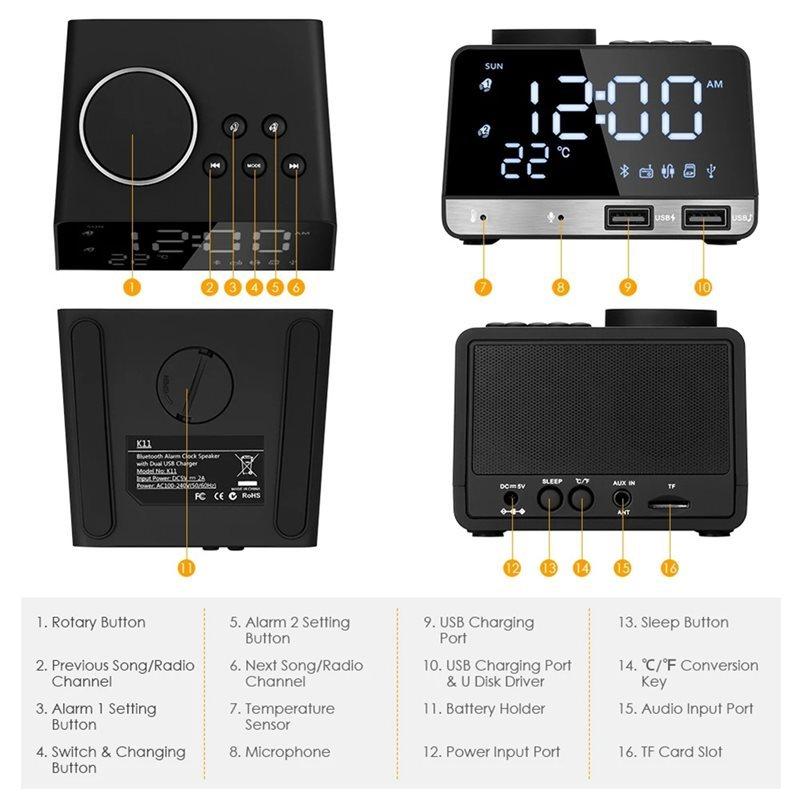 Home Decor Table Clock Alarm Clock Speaker With 2 USB Ports Bluetooth 4.2 Radio LED Digital Alarm Clock
