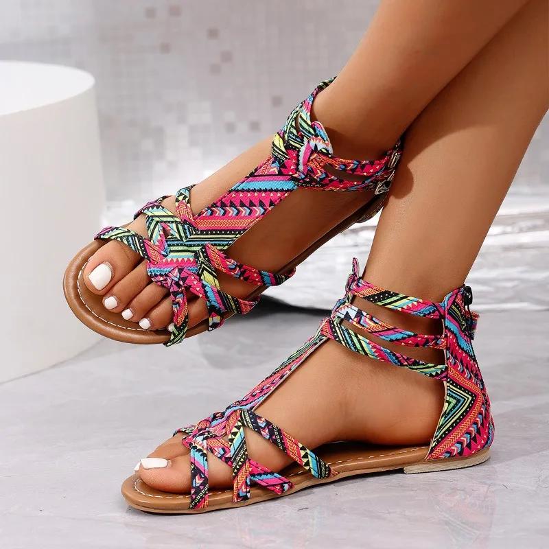 2025 Summer Women's Roman Sandals Flat Heel Wrap Rear Zipper Open Toes Women Sandalias Dress Beach Anti-slip Zapatillas De Mujer