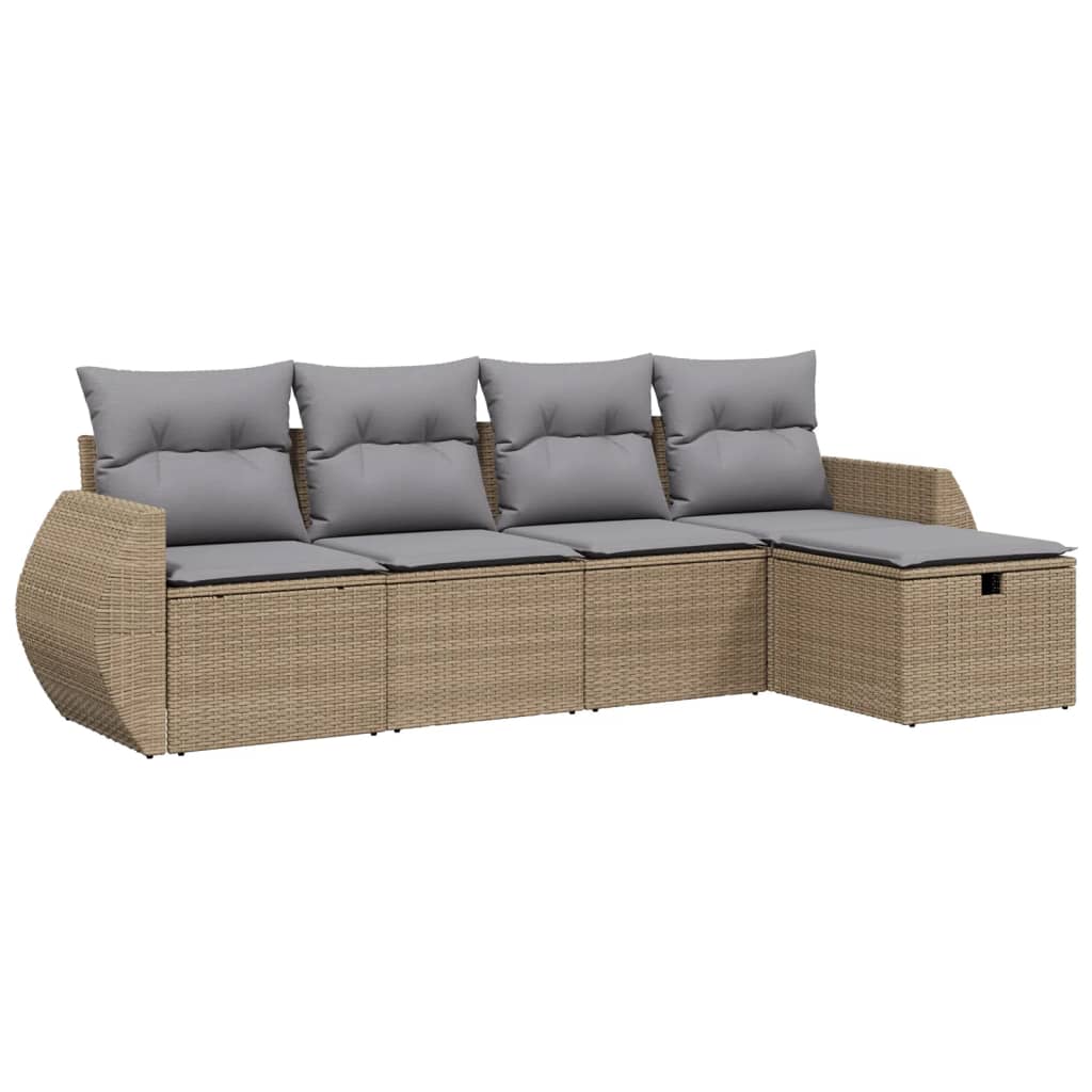 5 Piece Beige Poly Rattan Garden Sofa Set with Cushions