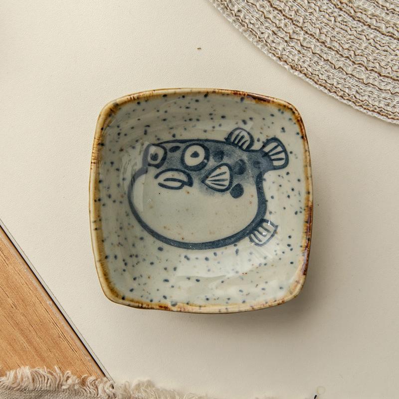 

Retro Creativity Cartoon Ceramic Plate, Japanese Fish and Shrimp Print Hoisin Sauce Seasoning Plate Home Kitchen Tableware