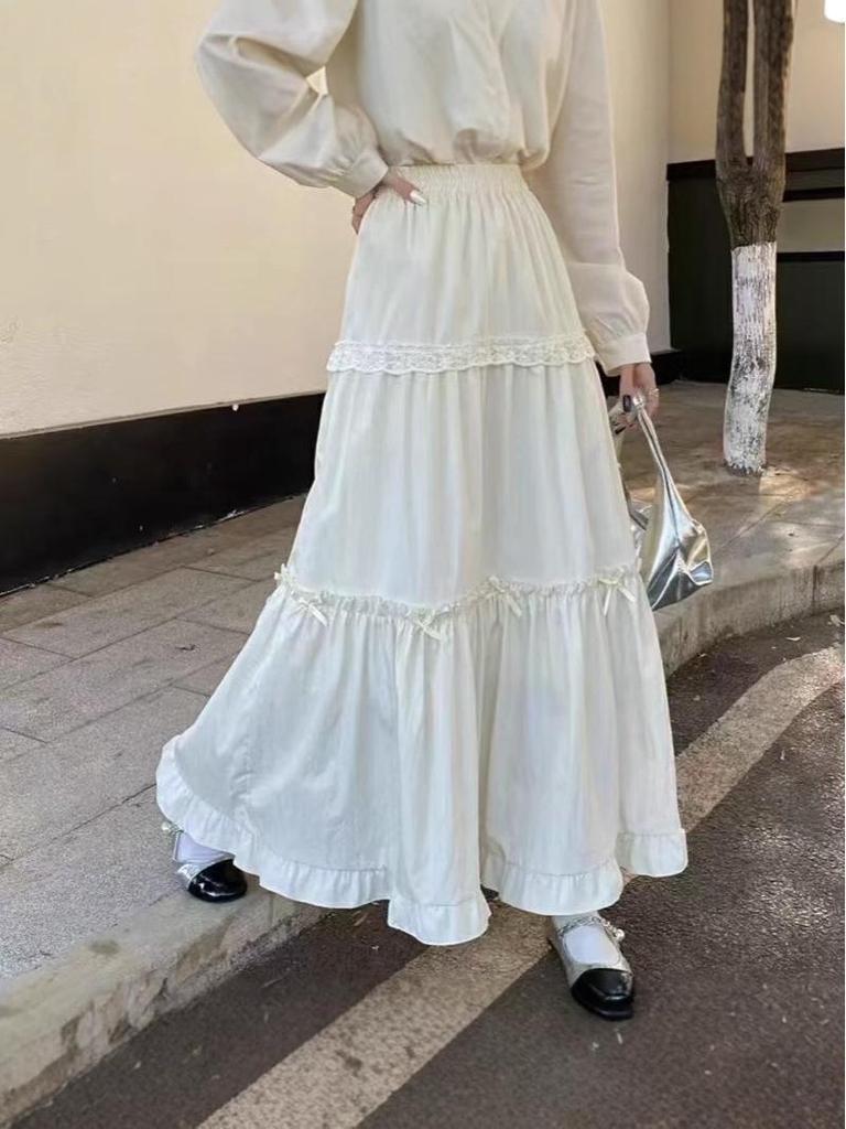 Women's Sweet Lace Patchwork Bow Ruffle Midi Skirt, Spring 2025