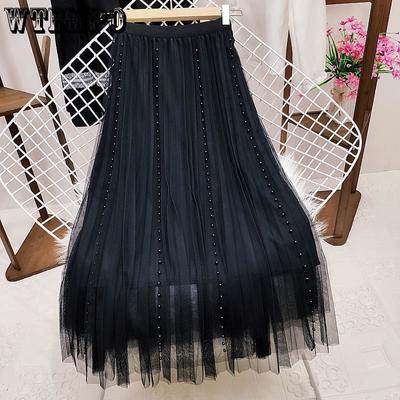 Beaded High Waist Slim Mesh Women's Half-length Dress Beaded Mid-length Pleated A-line Dress Fashion Solid Color Versatile Mid-length Mesh Dresses