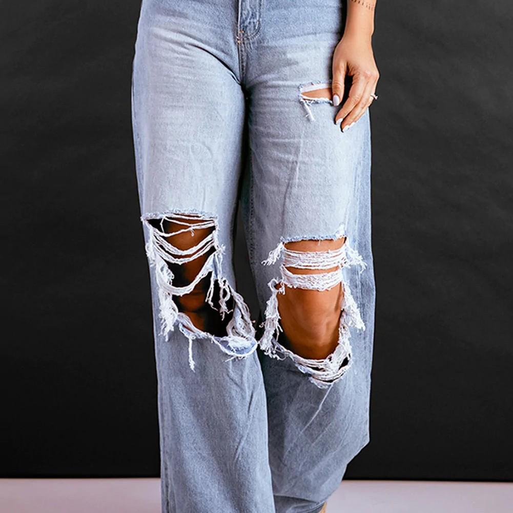 European & American Retro High-Waisted Ripped Wide-Leg Jeans