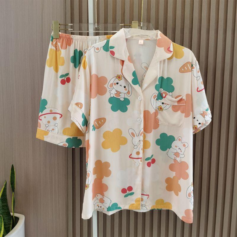 High Quality Cotton Silk Delicate and Soft Ladies Summer Short Sleeve Shorts Pajamas Sets Two-piece Set Can Be Outwear Pastoral Floral