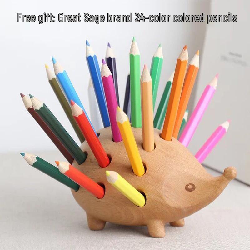 Portapenne Riccio in Legno Massiccio Artigianale Nordico Disponibile in Magazzino con Penne da 24 Colori, Ornamento Ideale per Studio e Regalo per Bambini