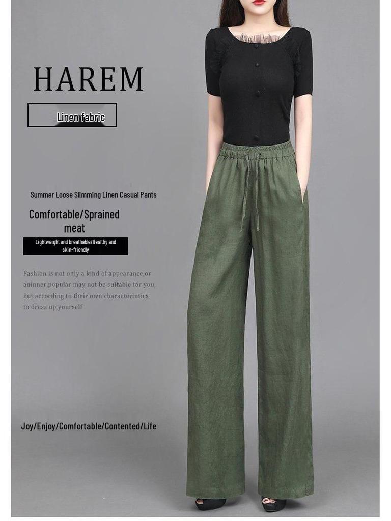 Nové dámské bavlněno-lněné ležérní kalhoty se širokými nohavicemi v čínském stylu - Elastický pas, volný střih plus size, tenké kalhoty s rovnými nohavicemi na léto