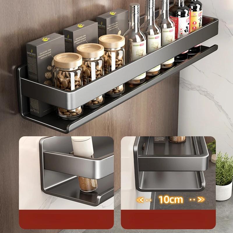 Kitchen Stainless Steel Storage Rack No Punching Bathroom Wall Shelf Seasoning Bottle Storage Kitchen Accessories Organizer