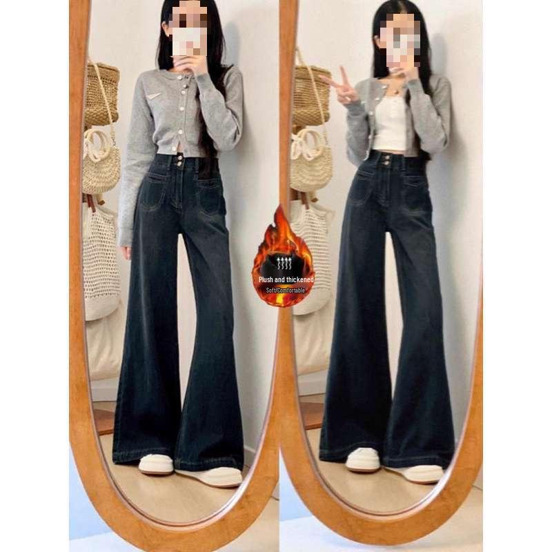 

Retro High-Waist Loose Straight-Leg Baggy Denim Pants with Fleece Lining for Autumn and Winter. L