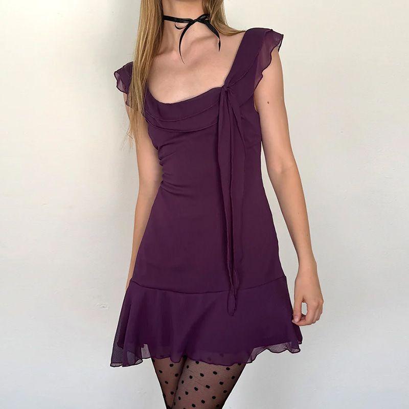 

French Style Sleeveless Square Neck Dress French style Sleeveless Square Collar Dress Purple L