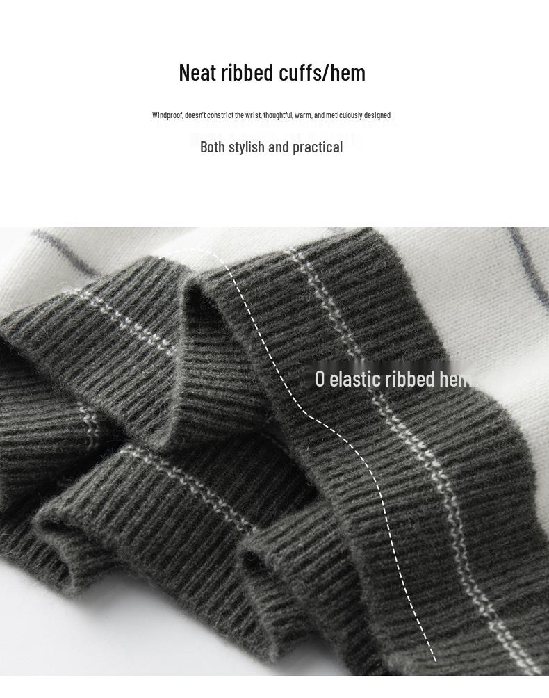 Seven-Gauge Thickened Cashmere V-Neck Color-Block Stripe Polo Collar Pullover