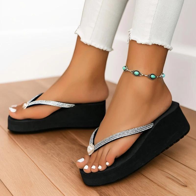 Fashion Luxury Pearls Crystal Wedges Flip Flops Women Lightweight Thick Bottom Beach Slippers Woman Clip Toe Plus Size Platform Sandals