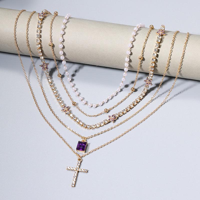 Jewelry exaggerated diamond-set cross necklace personalized stacking square diamond pendant full of diamond stars