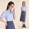 Women's Blue V-Neck Bubble Sleeve Top - Professional Short-Sleeve Shirt for Summer Commute and Interviews