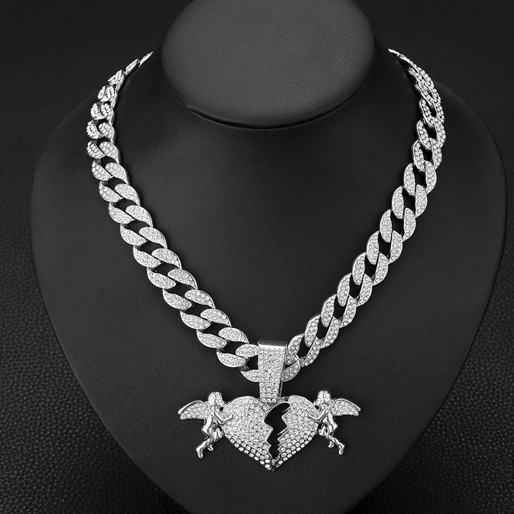 Trendy Men's Women Hip Hop Sparkling Angel Love Heart Pendant Necklace with 15mm Cuban Chain Necklace Charm Jewelry Factory Sale