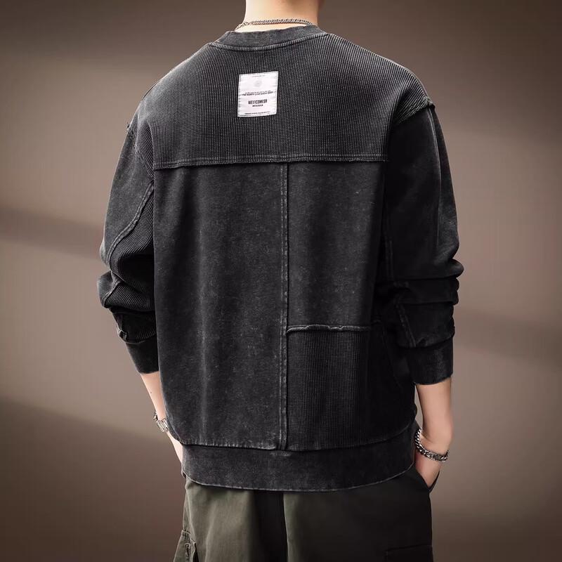 Men's American Retro Washed Patchwork Long Sleeve Sweatshirt