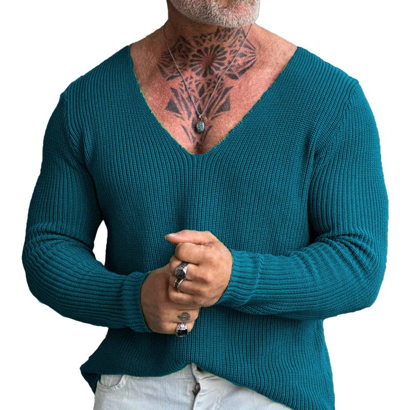 Men's V-neck Wool Knit Sweater Pullover for Autumn and Winter