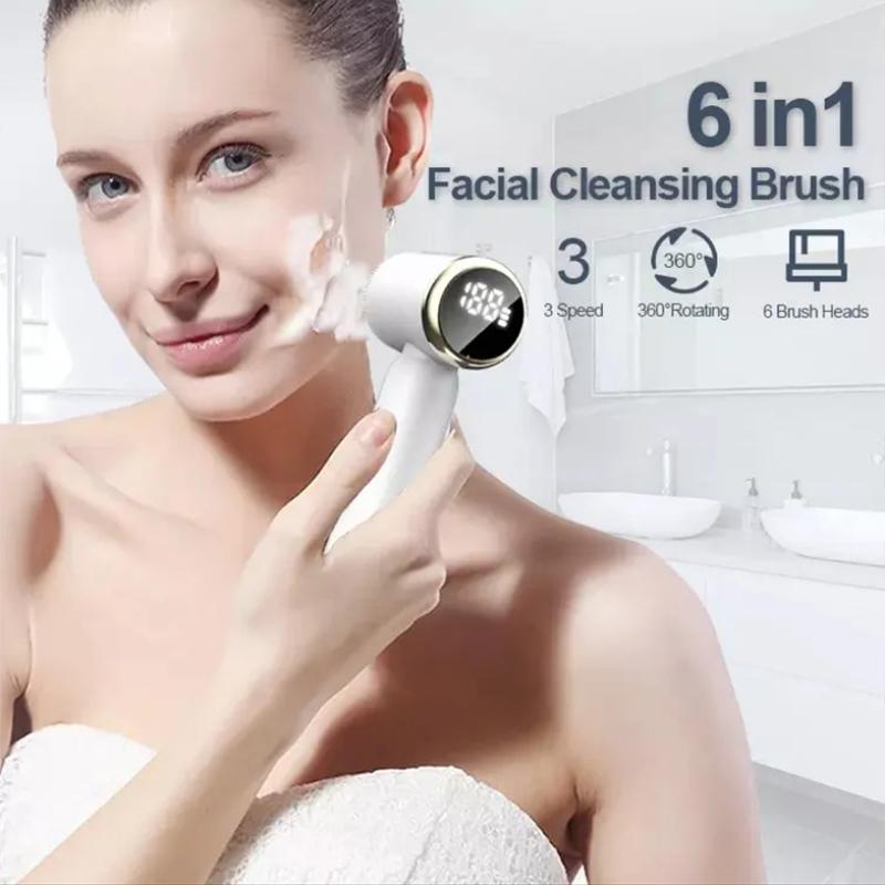 Portable 6-in-1 Silicone Electric Cleansing Brush Facial Pore Cleaning and Exfoliating Waterproof Sonic Cleansing Brush