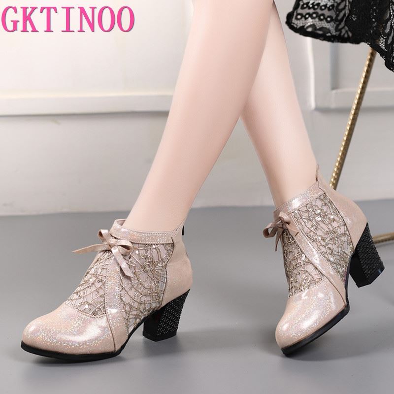 GKTINOO Rhinestones Gauze Sandals Summer New Mesh Boots Genuine Leather Women's Shoes Hollow Boots Large Size 40-42