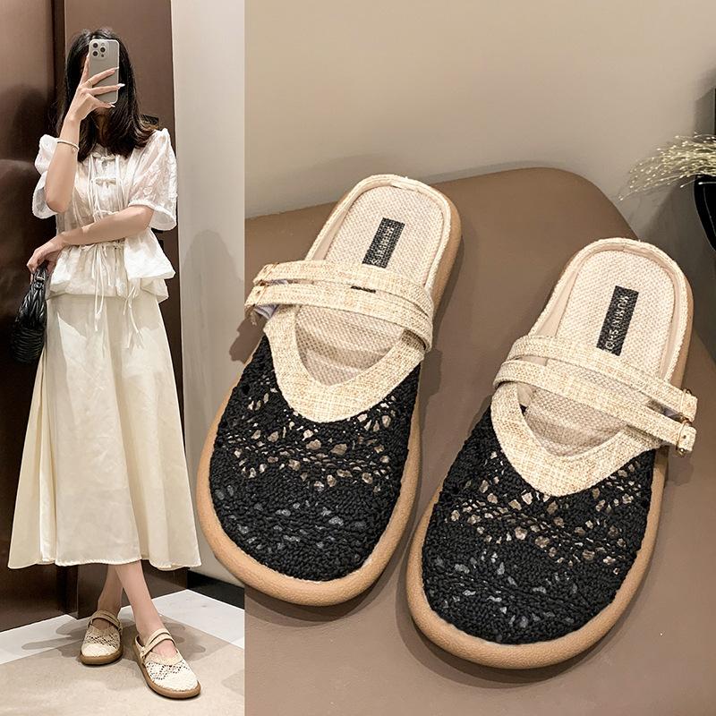 Mode Böhmen Hohl Sandalen 2025 Neue Atmungsaktive Hausschuhe Frau Sommer Leinen Retro Sandalen Ein Schritt Damen Einzelne Schuhe Groß 42