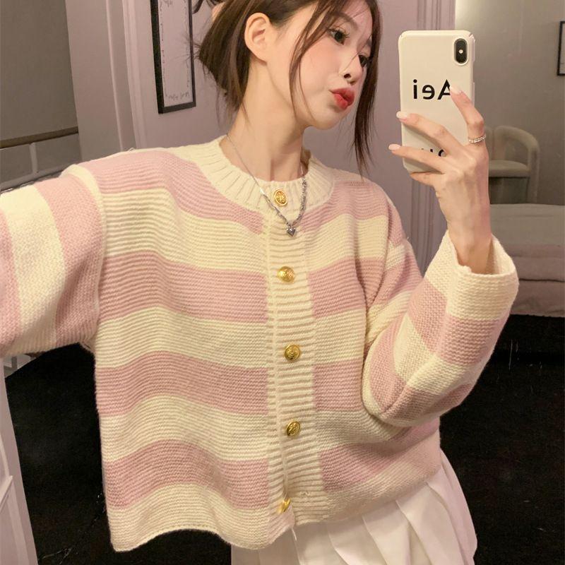 

Весна Осень Зима Женский Милый Полосатый Кардиган Вязаный Свитер Пальто в Ленивом Стиле: Свободная универсальная верхняя одежда One Size