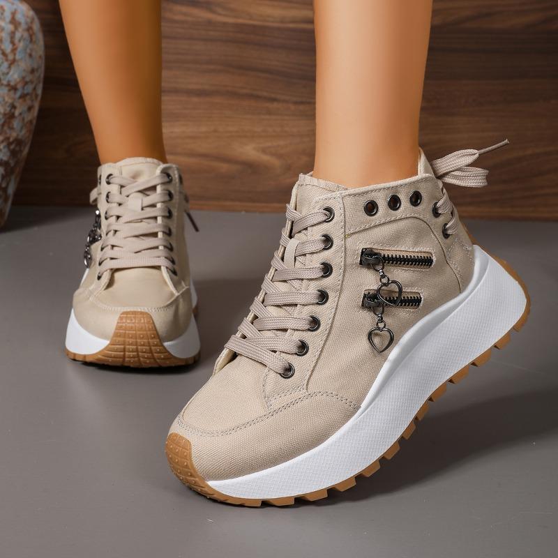 Fall New Round Toe Lace-Up Front Denim Zip Platform Non-Slip Mid-Top Sneakers Fashion Sneakers