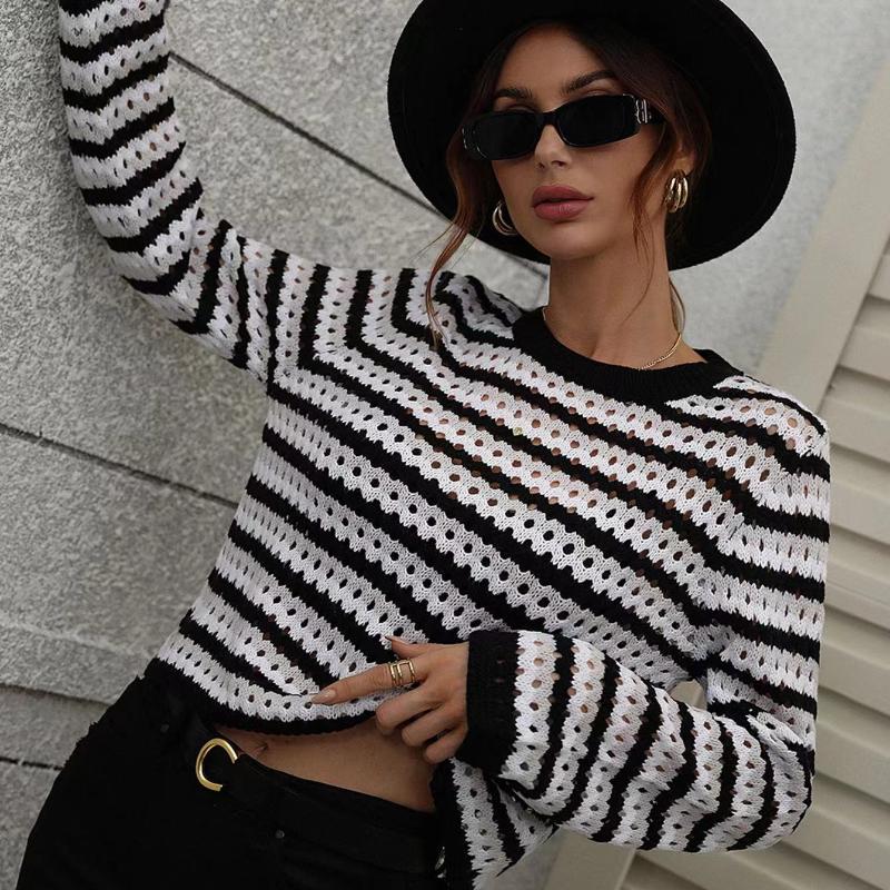 IHUASU Autumn and Winter O-neck Women's Knitwear Striped Pullover Intercolour Sweater
