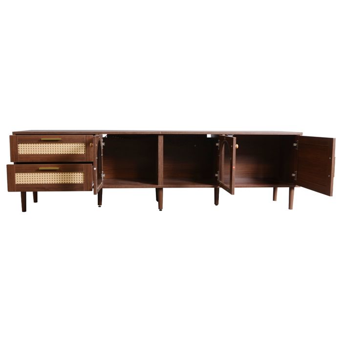 Meuble TV 180cm avec éclairage LED - 2 tiroirs en rotin et 3 portes - Marron