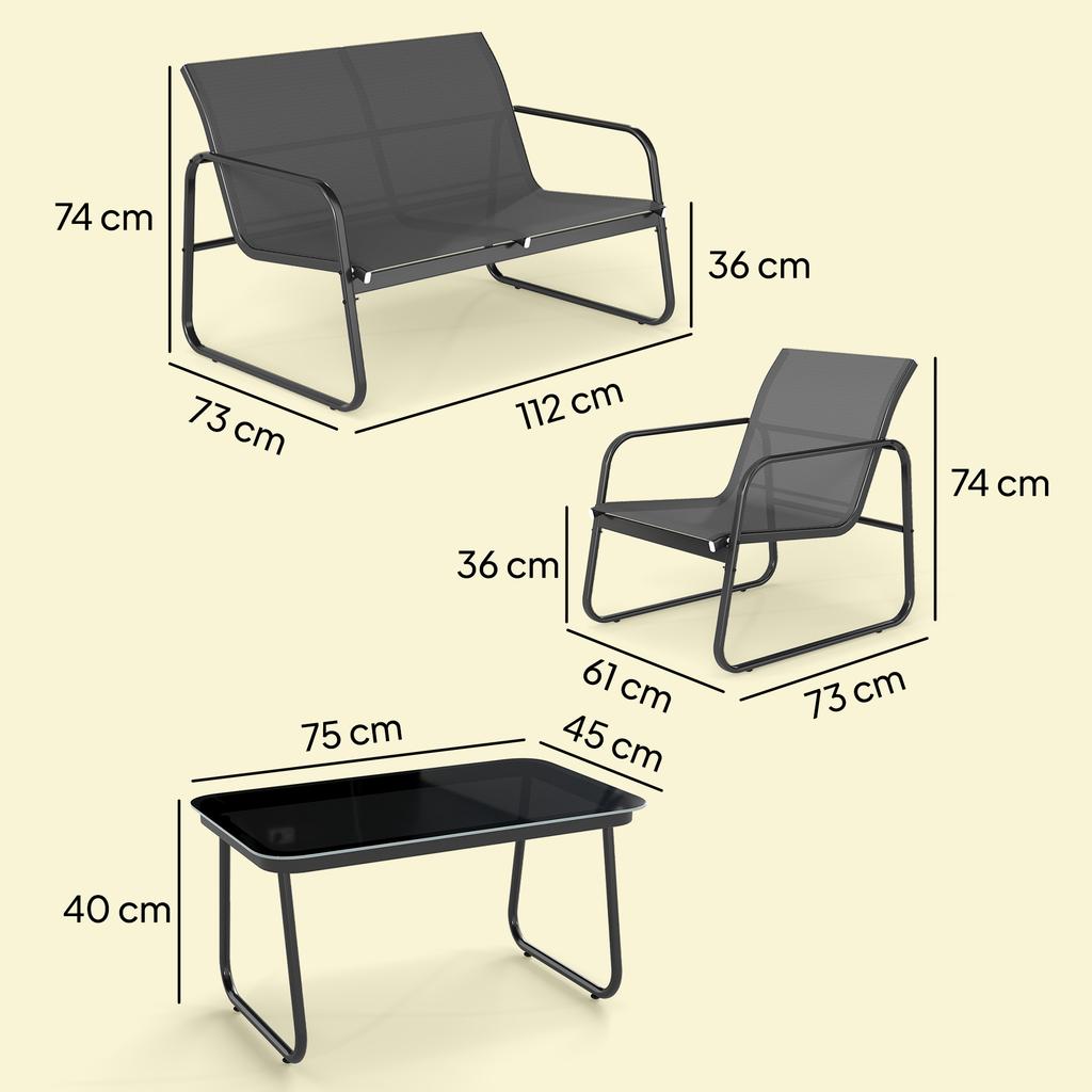 Garden Furniture Set, 4-Piece, Sofa, Armchairs, Coffee Table, Dark Grey and Black
