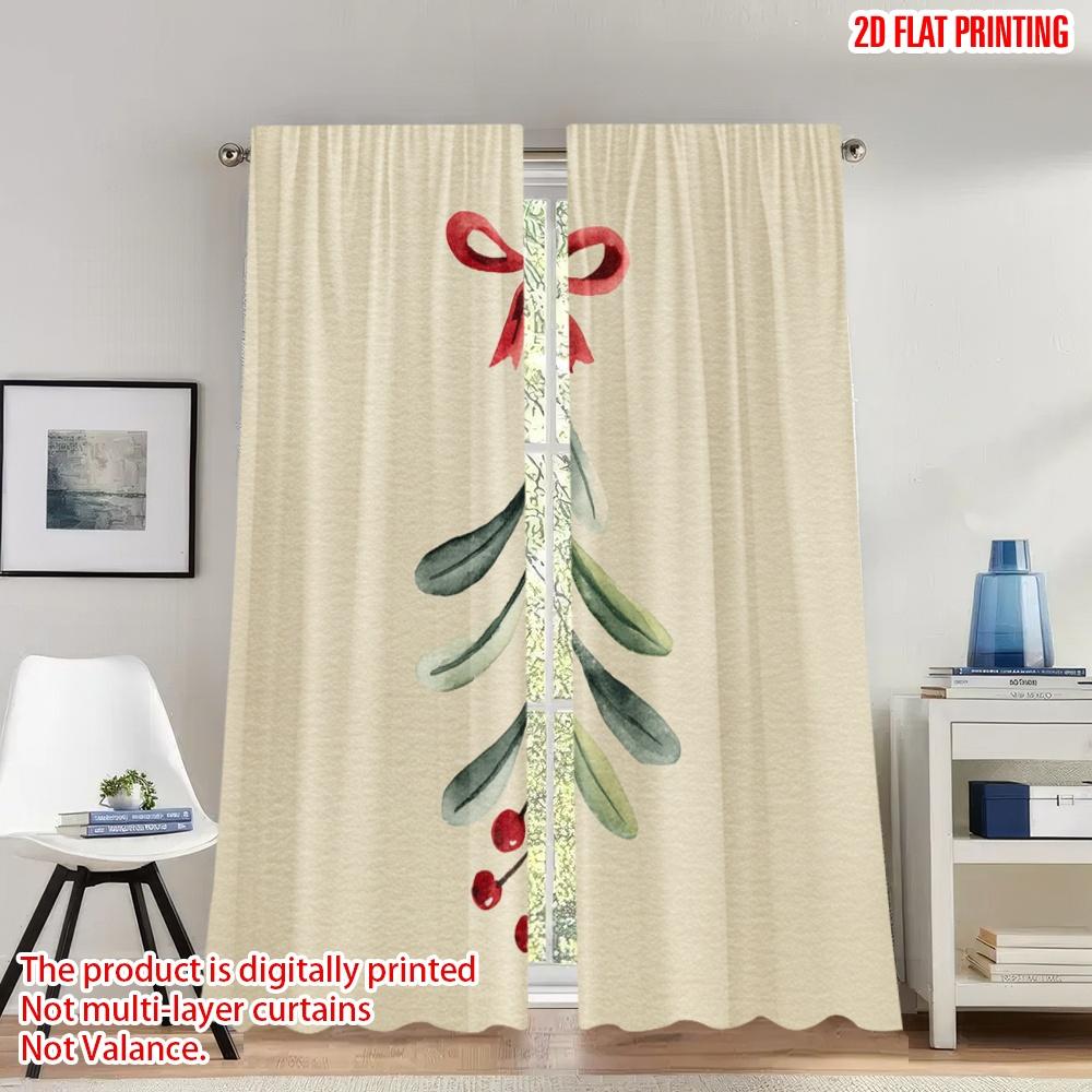 

Set Of 2 Classic Flat Printing Christmas Hot Curtains Mistletoe Watercolor Berries Digital Printed Polyester Drapes Curtain W100*H70(CM)-Grommet top&2PCS