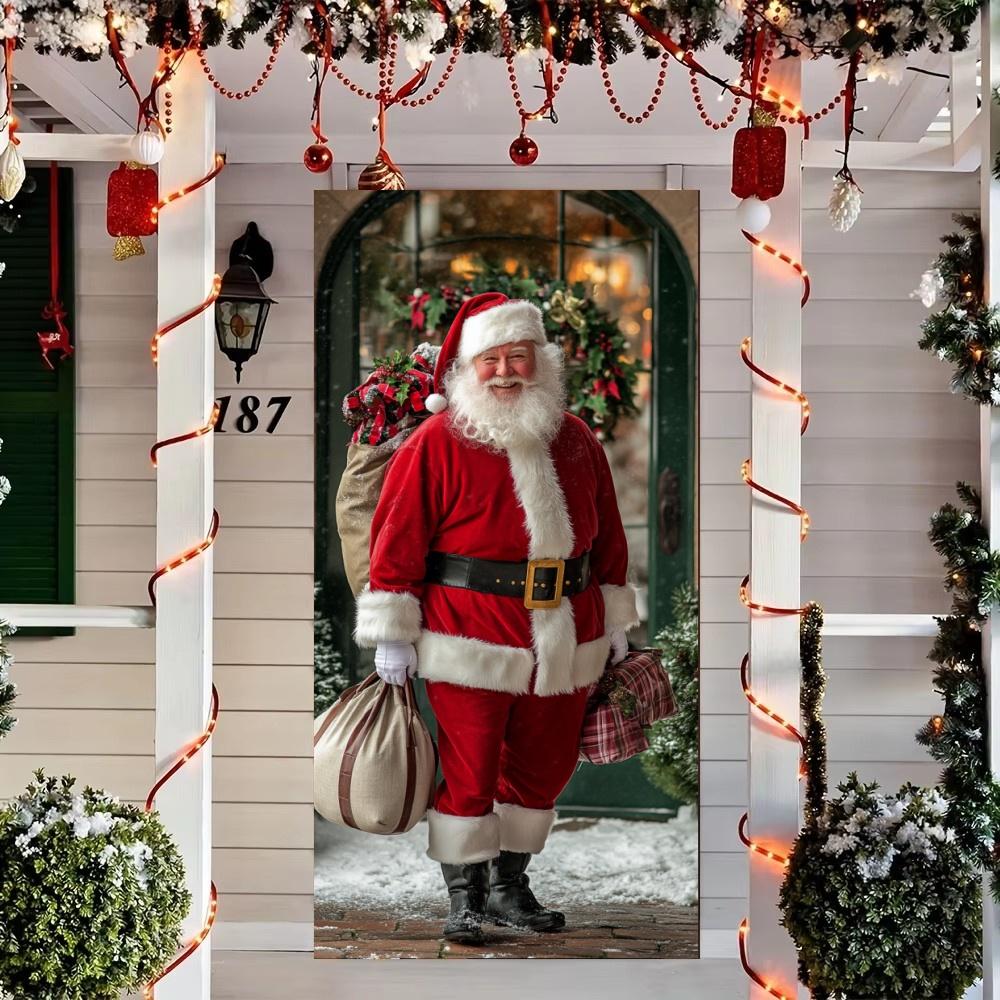 Vivid Santa Claus Send Gift Christmas Door Cover 35.43*72.83inch Banner Front Door Decoration 2025 Christmas Home Party Supplies