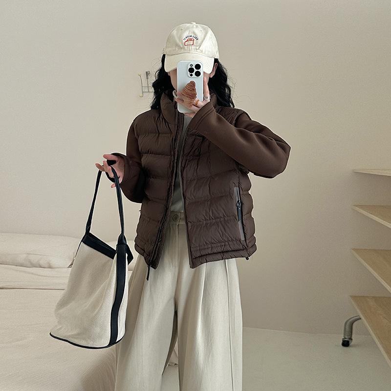 

Новое короткое пальто женское пуховое хлопковое пальто легкий рубчик топ воротник-стойка хлопковая куртка в стиле пэчворк маленький человек XL size, recommended 130-75 kg темно-коричневого