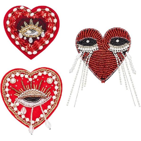 INFUNLY 3pcs Evil Eyes Beaded Patches Rhinestone Applique Patches Sequin Applique Sew on Crystal Heart Patch Red Heart Embroidery Patch for Clothing