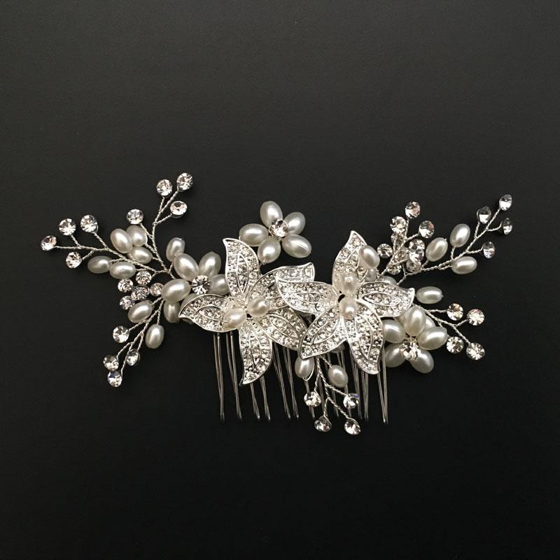 SLBRIDAL Handmade Rhinestones Crystal Pearls Floral Wedding Hair Comb Bridal Hair Accessories Bridesmaids Women Hair Jewelry